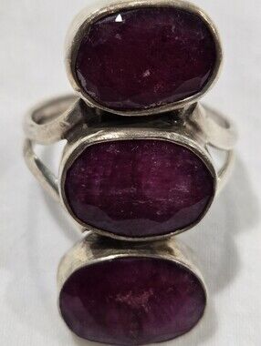 Sterling Silver Triple Deep Pink/Purple Gemstone Ring